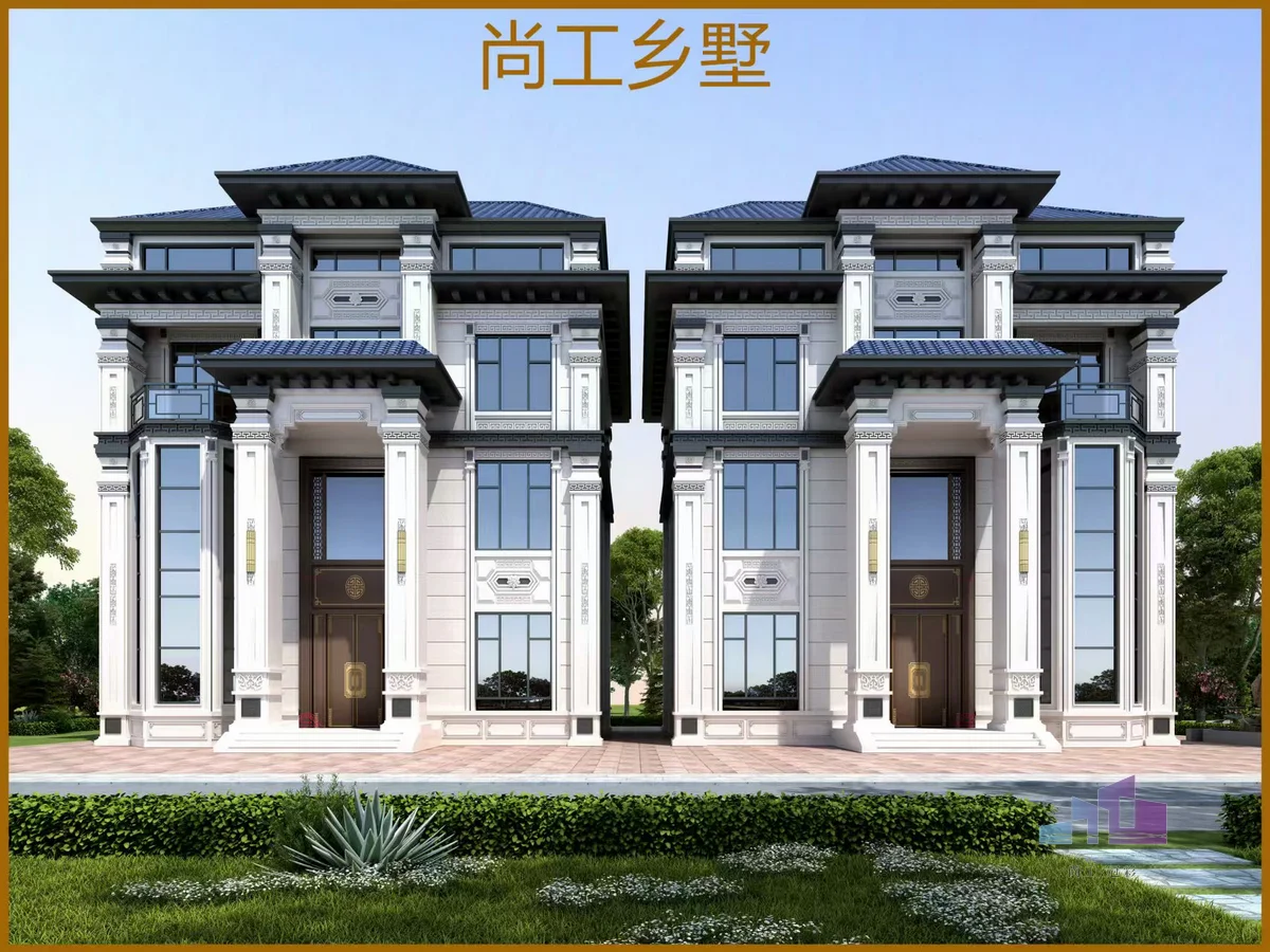 莆田尚工乡墅对称式双拼别墅仿石漆效果图