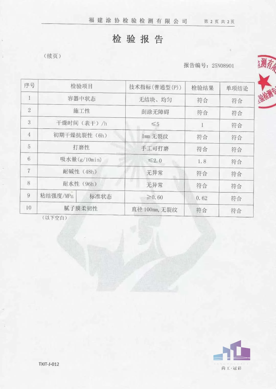 外墙腻子粉质量合格鉴定书及权威机构盖章