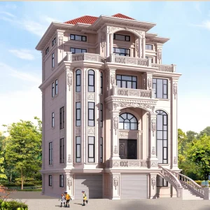 福建尚工乡墅定制的豪华五层欧式农村自建房效果图,带地下车库与罗马柱浮雕设计